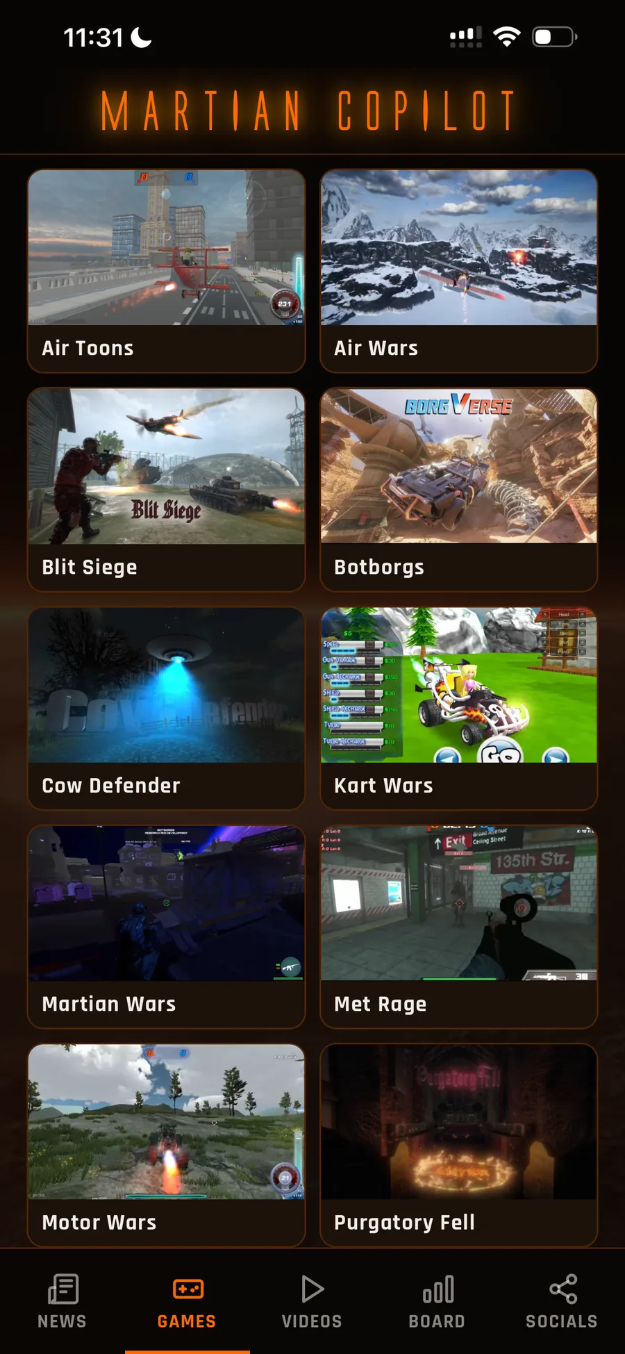 Martian Copilot app — the full game library, every title one tap away (Games tab).