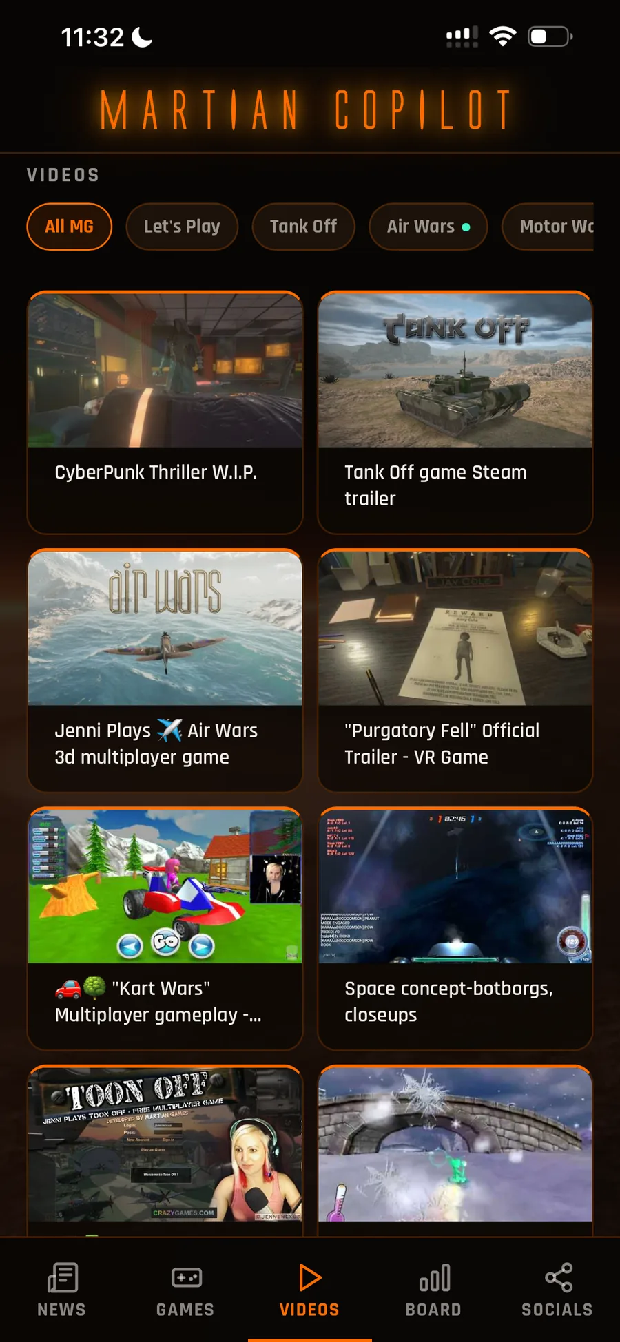 Videos in the app — Let's Plays, trailers, and gameplay, filterable by game.