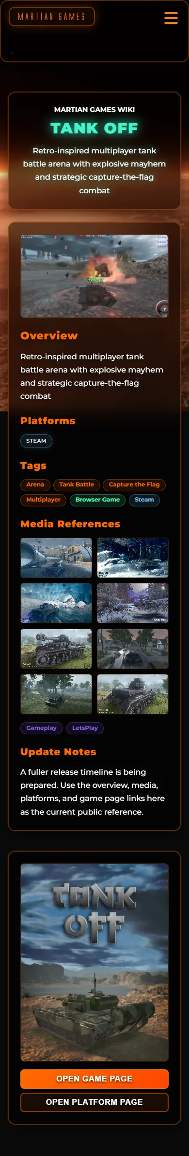The Tank Off wiki page on a phone — platforms, tags, screenshots, and playlists in one clean view.