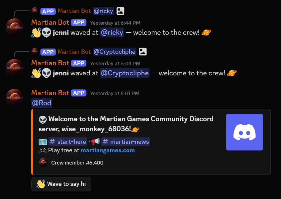 Wave to say hi — Martian Bot's join greeter